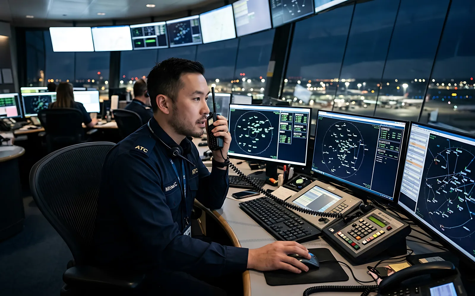 An air traffic controller on the radio at a console, with radar screens and the airfield behind