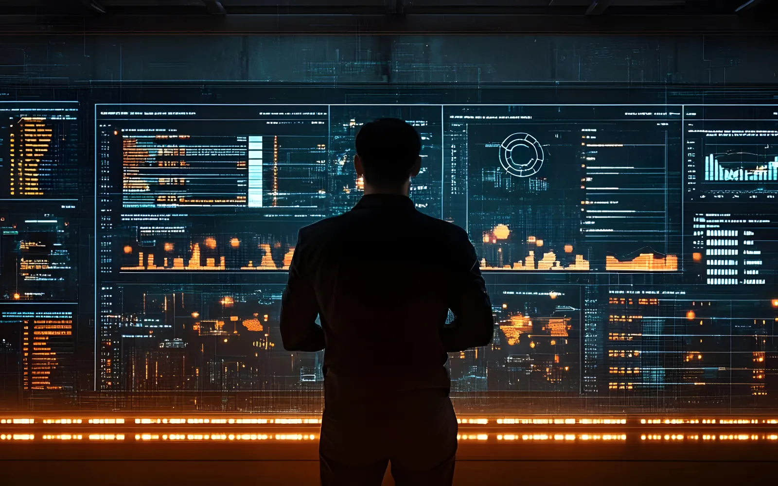 An operations manager reading a wall of live analytics and charts