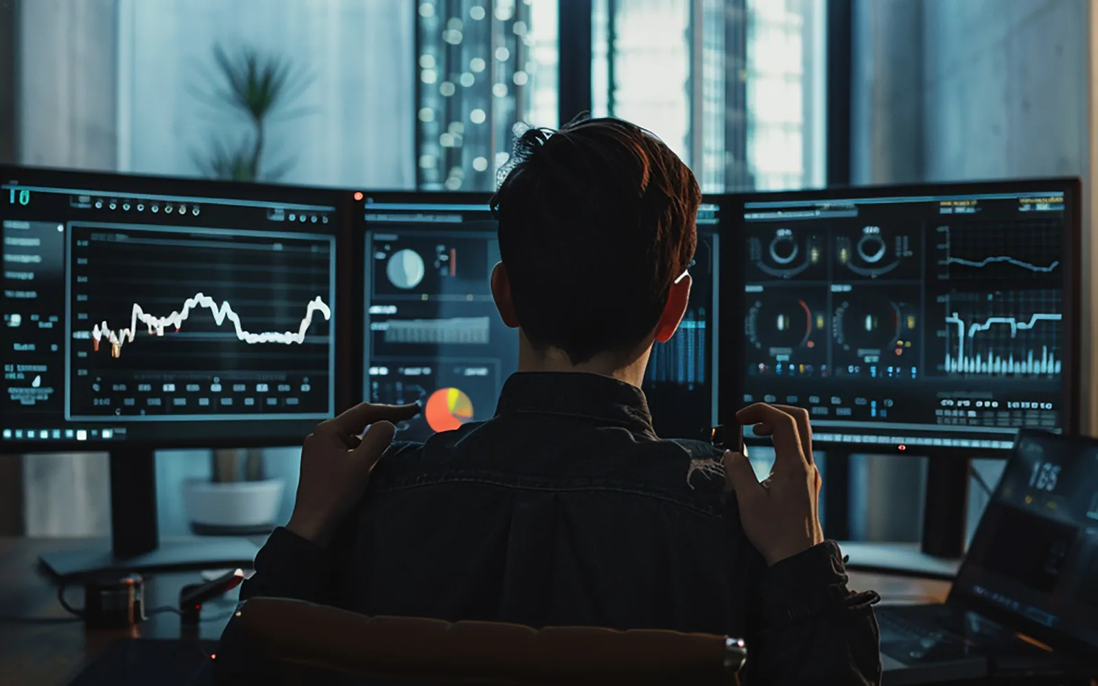 An analyst at a desk watching trend lines and gauges across three screens
