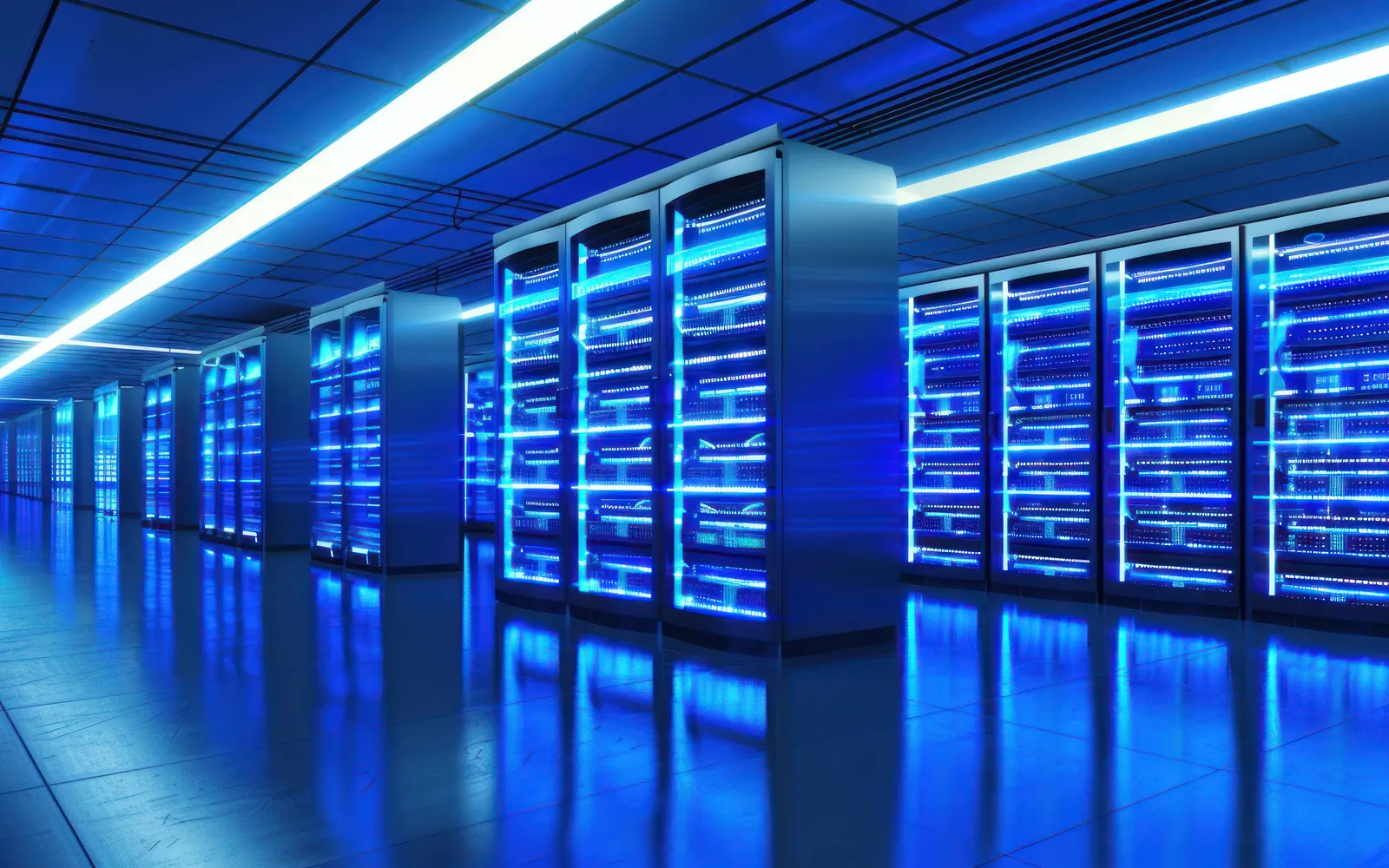 A long aisle of lit server racks in a data centre