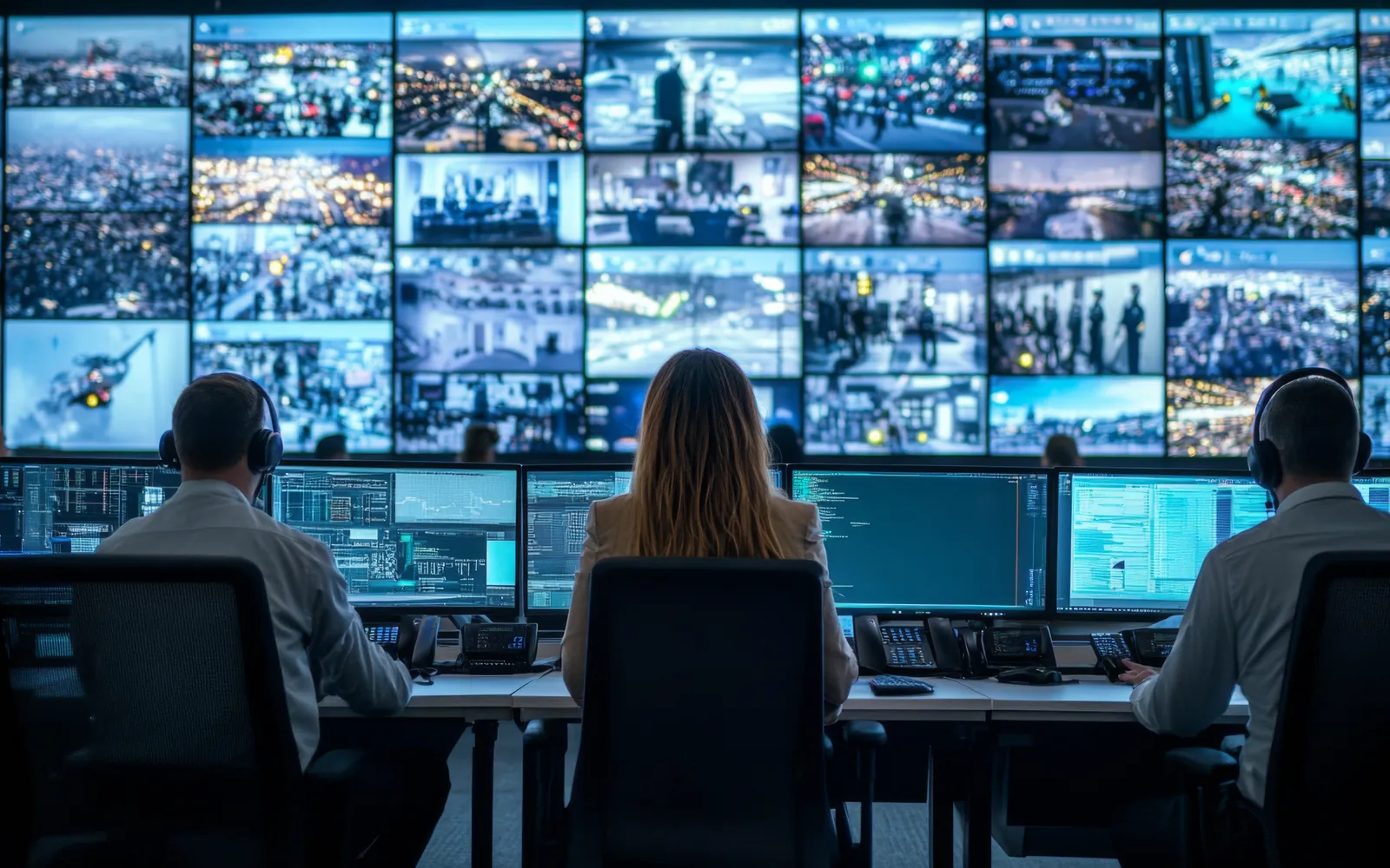 Operators at a control room desk facing a wall of live camera views