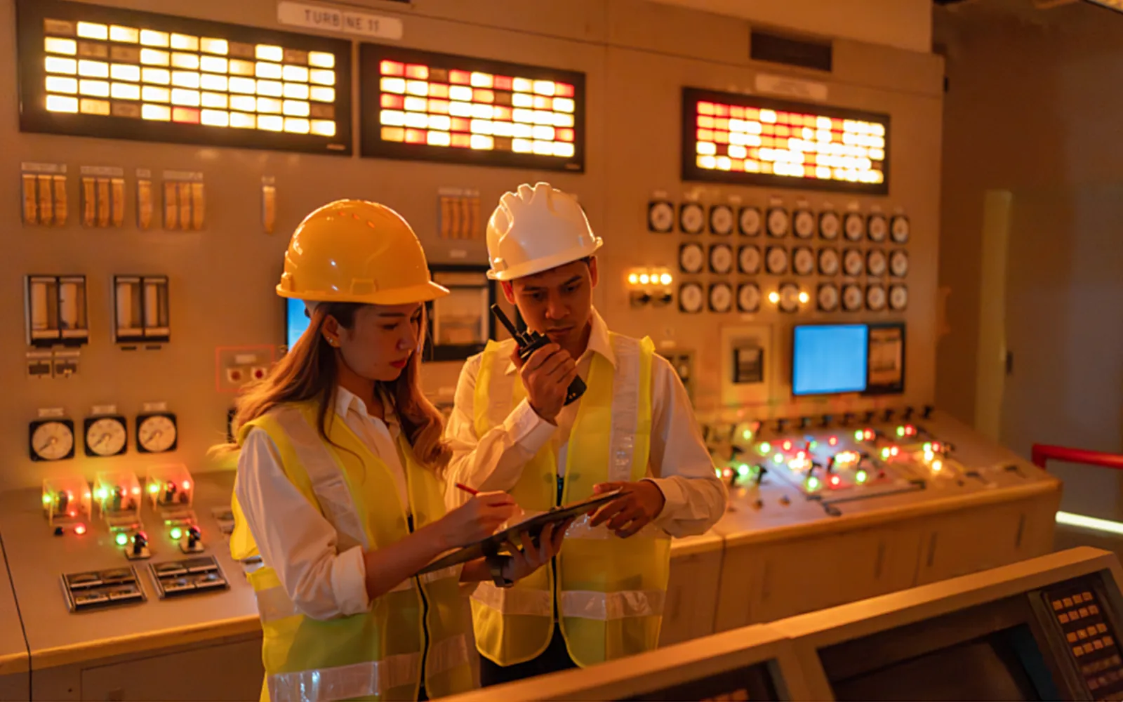 Three engineers at the control desks of a power control room, a single-line diagram across the wall