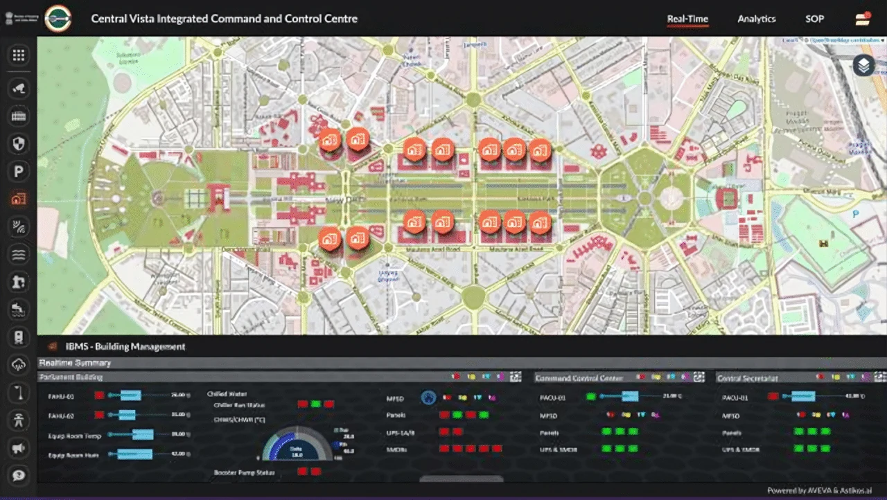 Central Vista ICCC building management view, every building on the estate map with its status