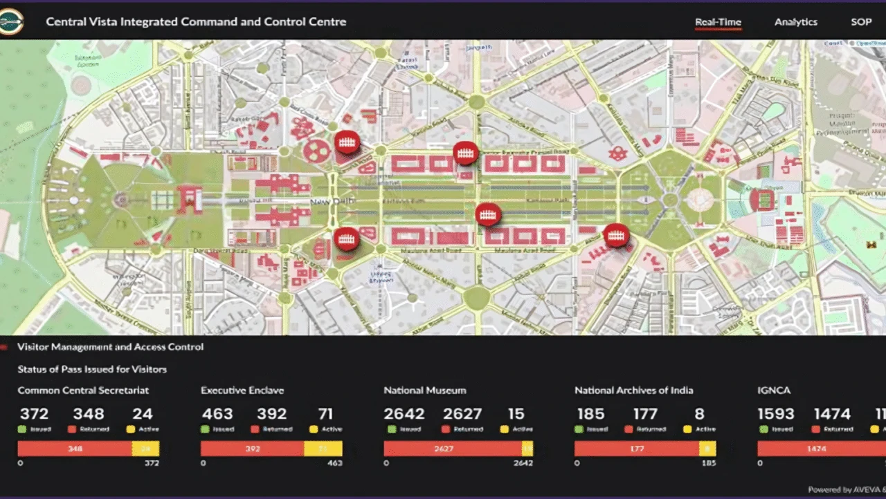 Central Vista ICCC visitor management dashboard with pass counts by building